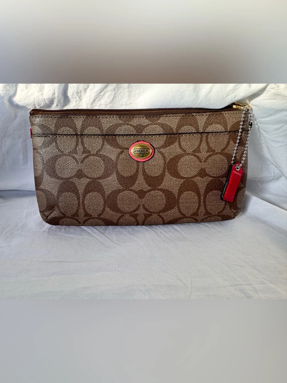 Coach Brown Signature Canvas Wristlet with Red Tag
